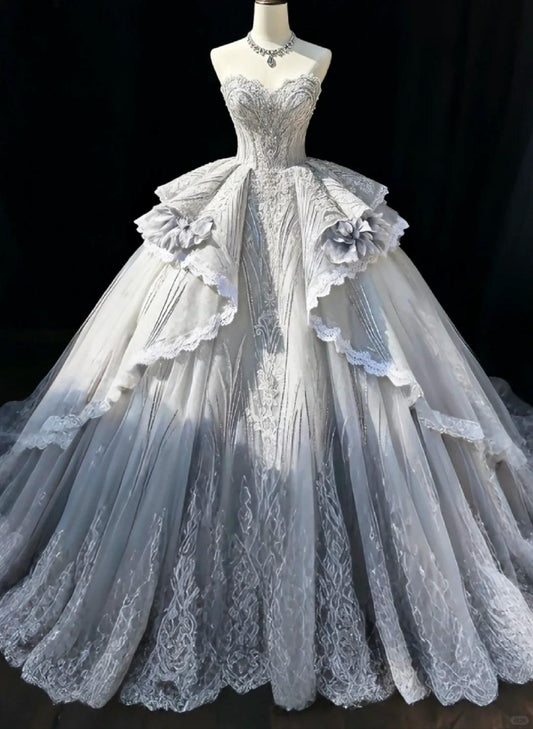 Ethereal Ball Gown Sweetheart Sliver Long Evening Dress Cascade Lace Prom Dress TH204