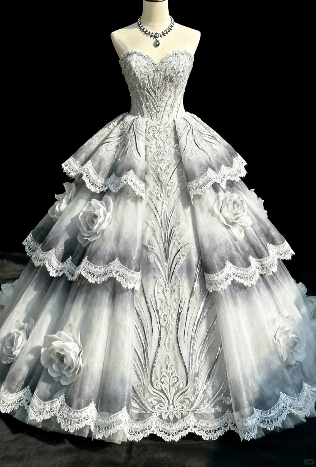 Ethereal Ball Gown Sweetheart Sliver 3D fabric appliqué Long Evening Dress Cascade Lace Prom Dress TH205