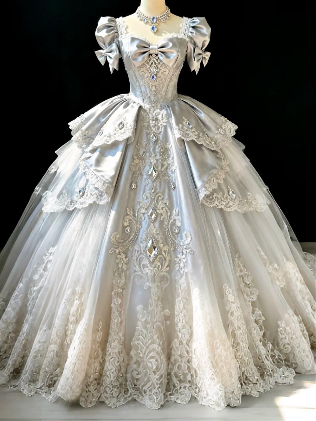 Ethereal Ball Gown Square Neck Sliver Beaded Long Evening Dress Cascade Lace Prom Dress TH206