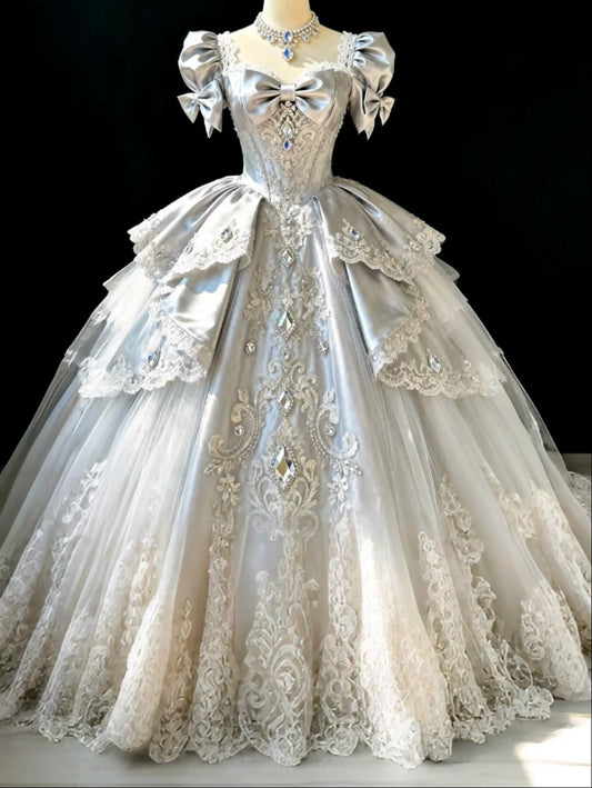Ethereal Ball Gown Square Neck Sliver Beaded Long Evening Dress Cascade Lace Prom Dress TH206