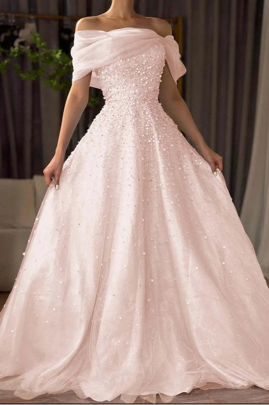 Ethereal A-line Off-the-Shoulder Pink Beaded Long Evening Dress Lace Prom Dress TH207