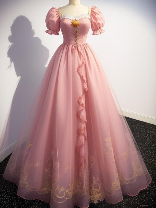 Elegant A-line Square Neck Pink Long Evening Dress Lace Prom Dress TH208