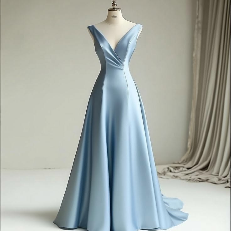 Elegant A-line V Neck Blue Long Evening Dress Satin Prom Dress TH212