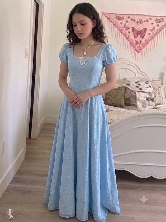 Elegant A-line Square Neck Blue Long Evening Dress Lace Prom Dress TH213