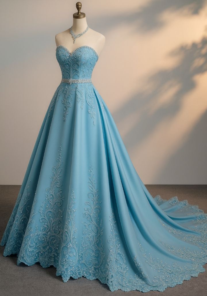 Elegant A-line Sweetheart Blue Long Evening Dress Lace Prom Dress TH214