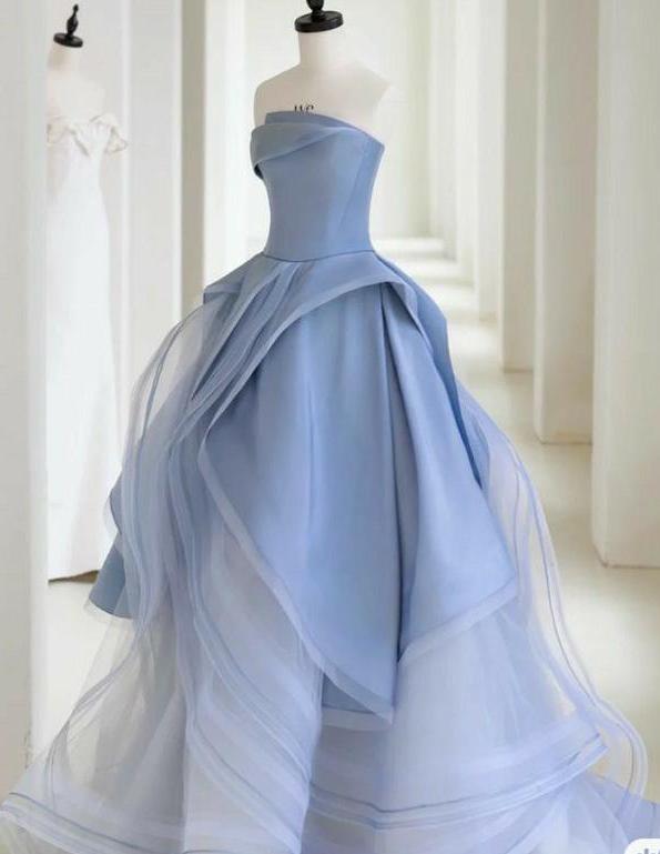 Elegant A-line Off-the-Shoulder Blue Long Evening Dress Tulle Prom Dress TH215