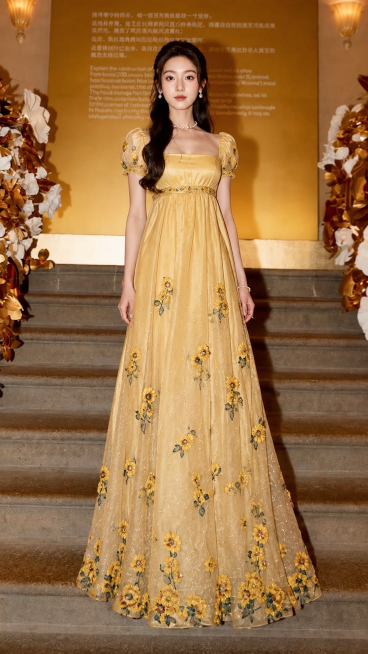 Elegant A-line Square Neck Yellow Long Evening Dress Embroidered Tulle Prom Dress TH219