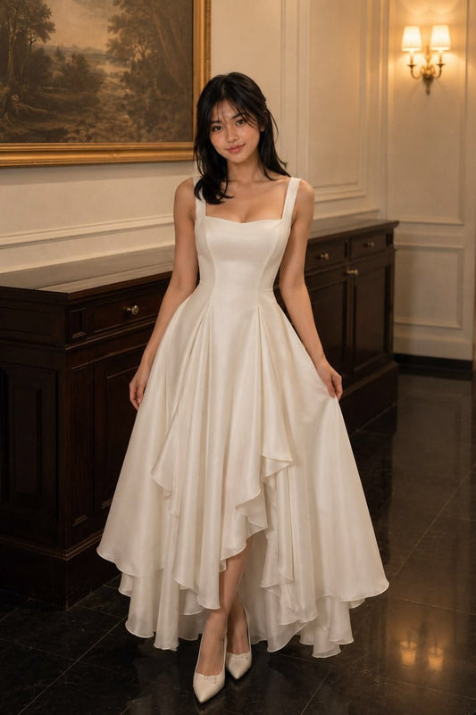 Elegant A-line Square Neck Long Wedding Dress Ruffled Satin White Prom Dress TH221