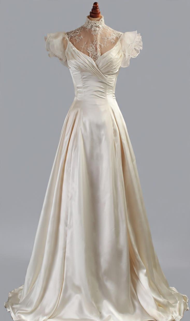 Elegant A-line V Neck Long Wedding Dress Satin White Prom Dress TH222