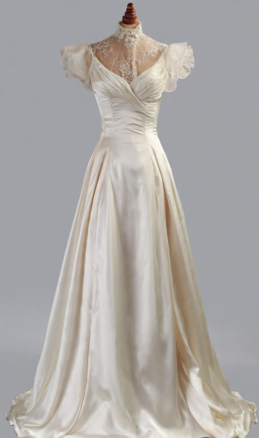 Elegant A-line V Neck Long Wedding Dress Satin White Prom Dress TH222