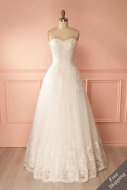 Elegant A-line Sweetheart Long Wedding Dress Lace White Prom Dress TH223