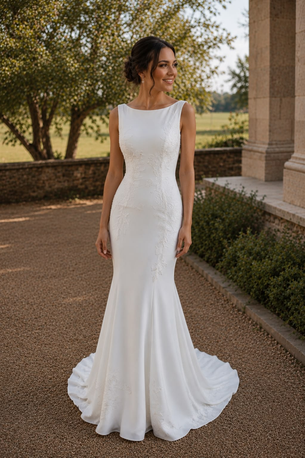 Elegant Mermaid Round Neck Long Wedding Dress Satin White Prom Dress TH226