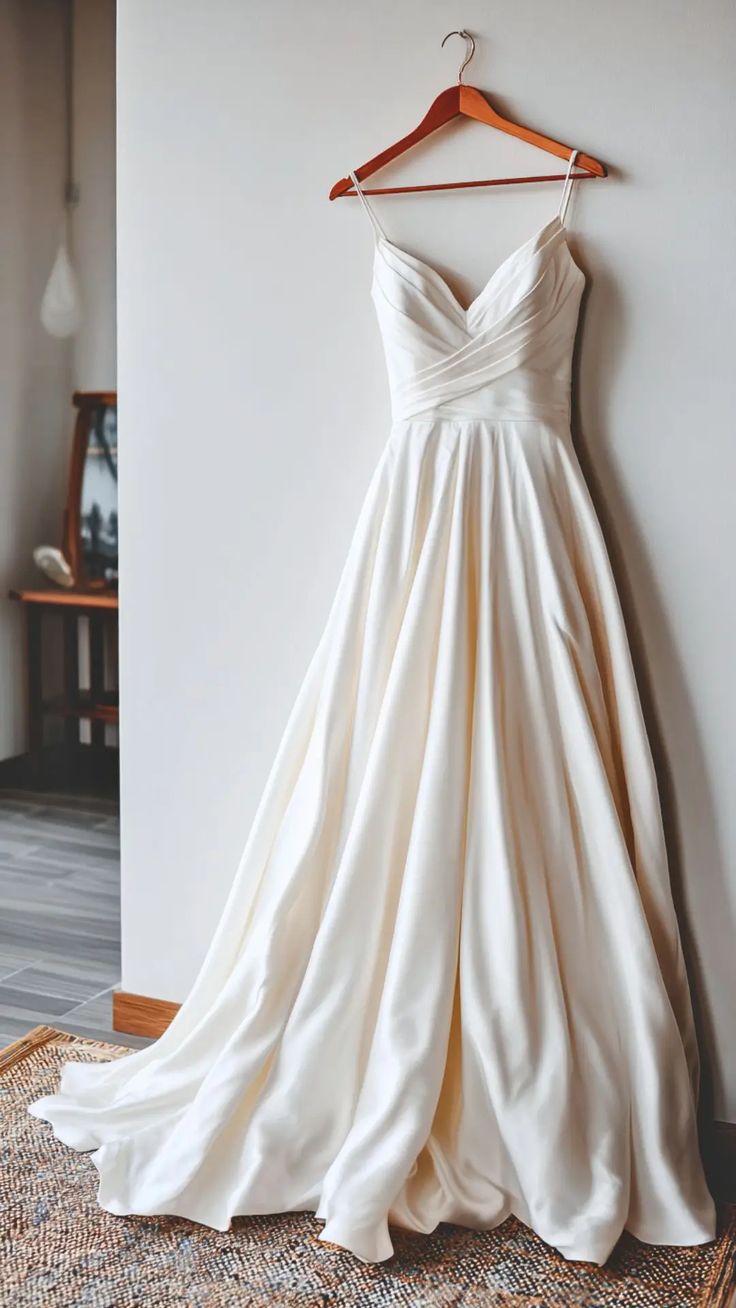 Elegant A-line Spaghetti Straps Long Wedding Dress Satin White Prom Dress TH228