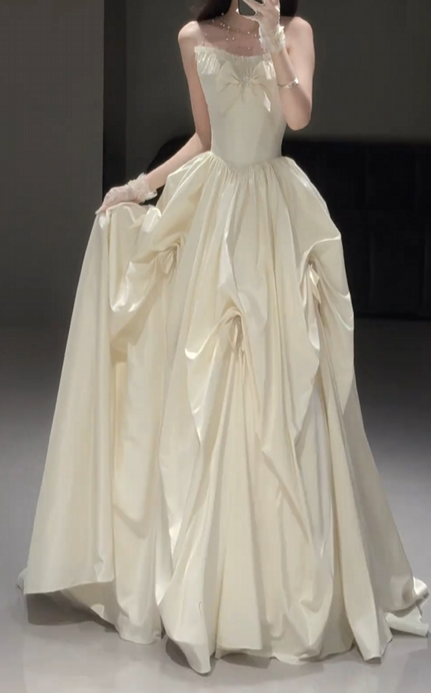 Elegant A-line Off-the-Shoulder Long Wedding Dress Pleated Satin White Prom Dress TH233
