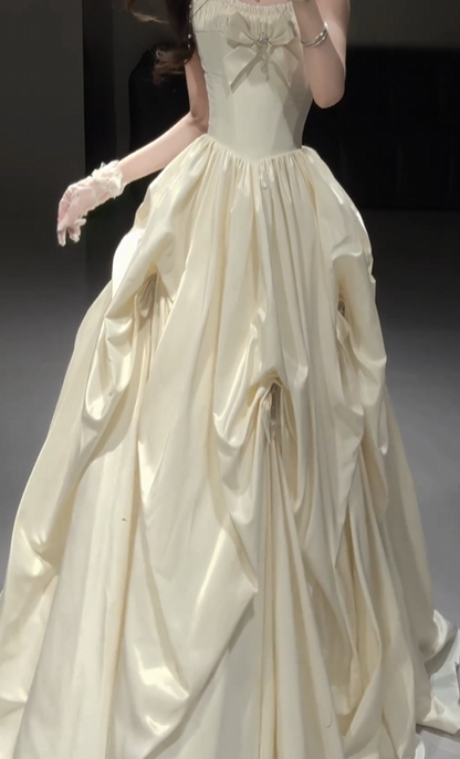 Elegant A-line Off-the-Shoulder Long Wedding Dress Pleated Satin White Prom Dress TH233