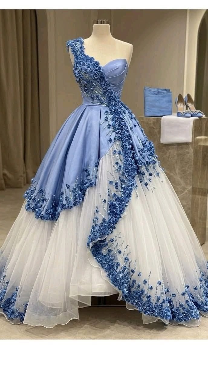Elegant Ball Gown One-the-Shoulder Blue Long Evening Dress 3D Appliqué Flowers Tulle Prom Dress TH236