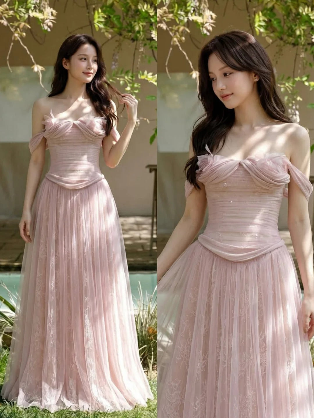 Elegant A-line Off-the-Shoulder Pink Long Evening Dress Lace Prom Dress TH248