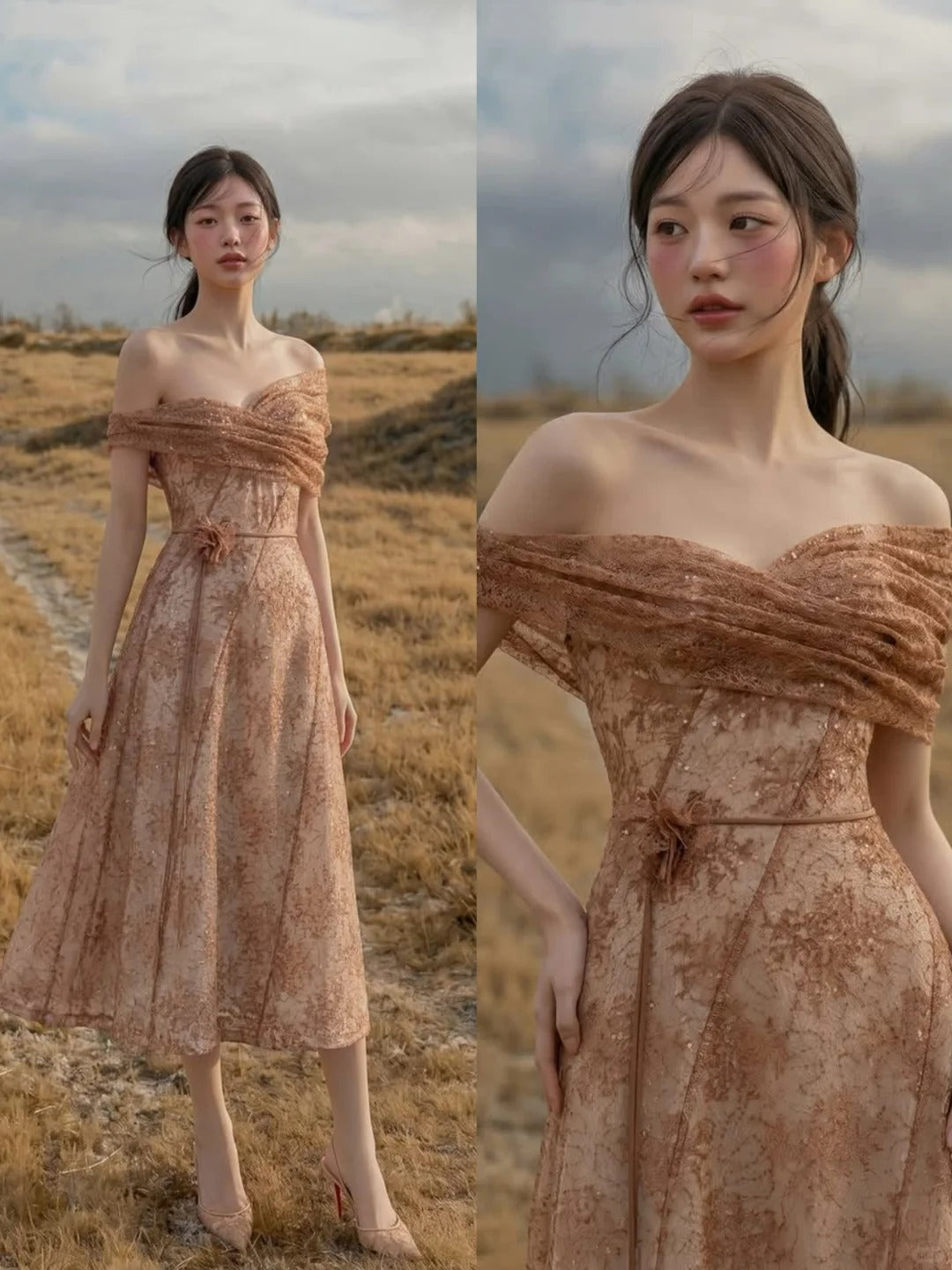 Elegant A-line Off-the-Shoulder Champagne Long Evening Dress Lace Prom Dress TH249