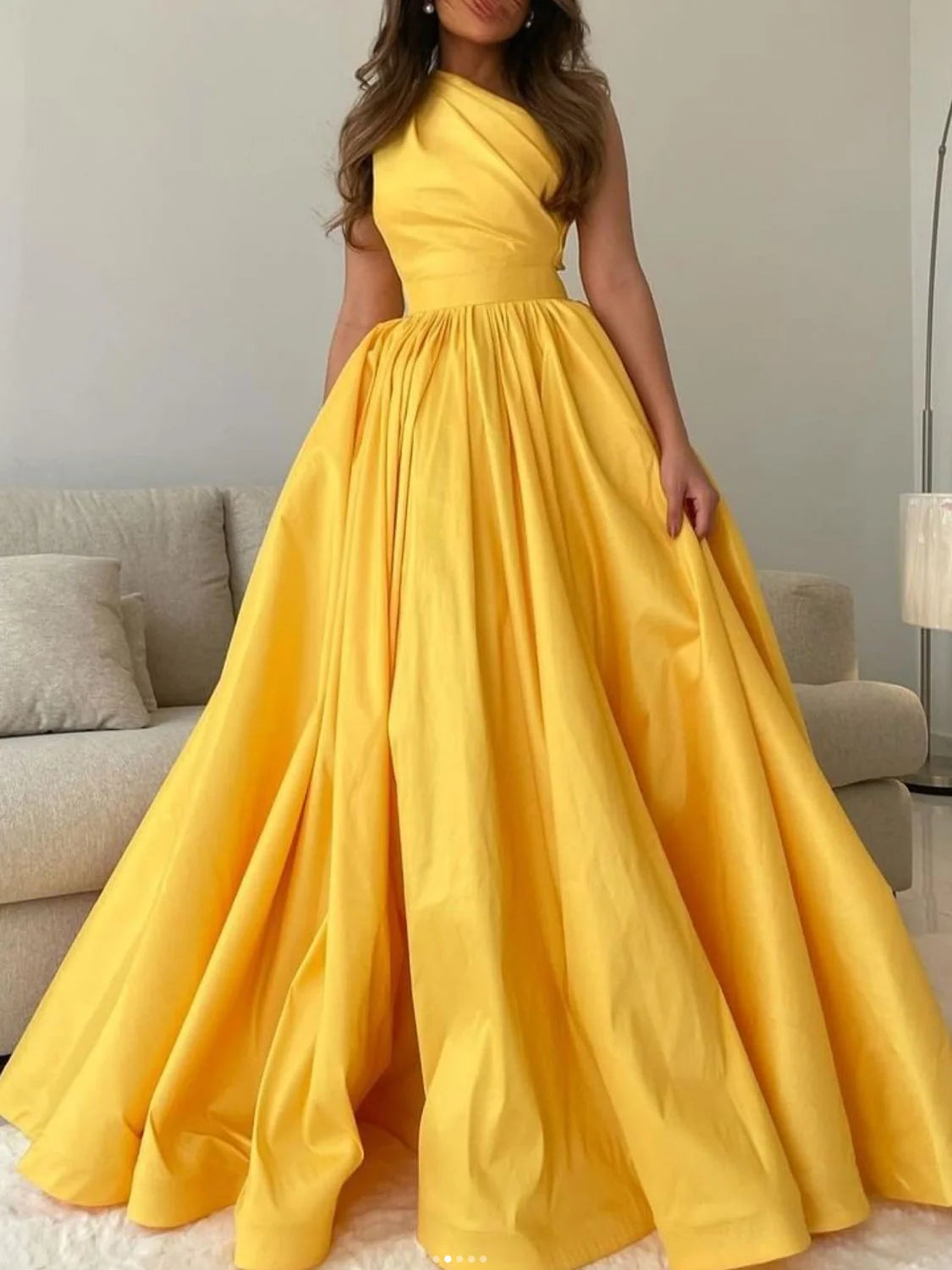 Yellow satin long prom dress yellow one shoulder long evening dress TH254