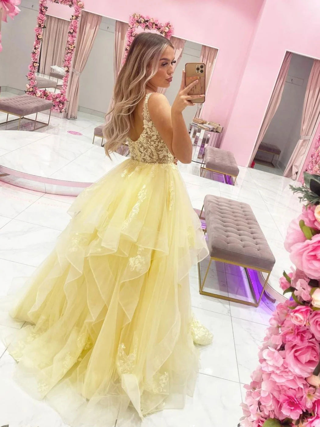 Yellow v neck tulle lace long prom dress, yellow evening dress TH255