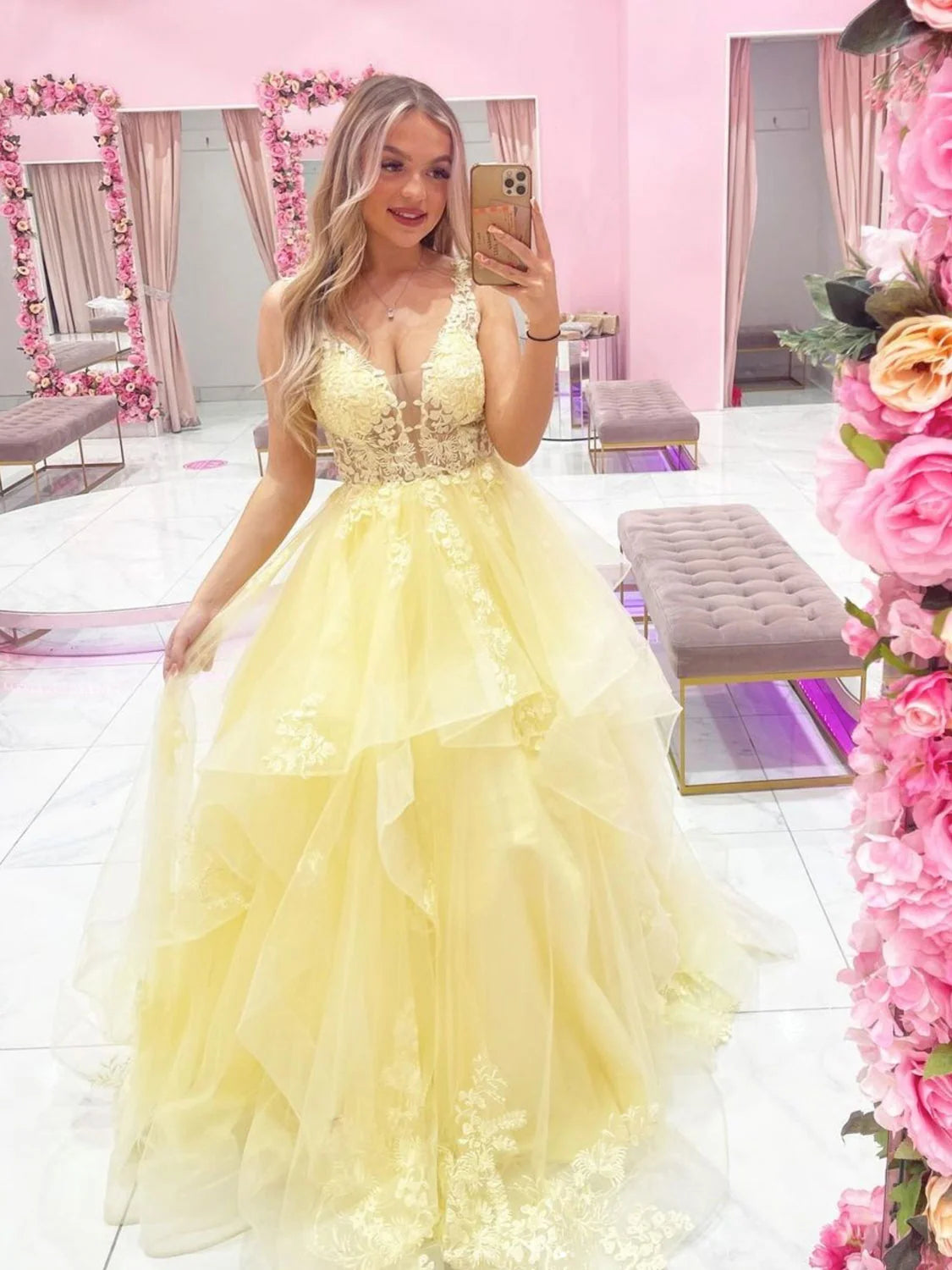Yellow v neck tulle lace long prom dress, yellow evening dress TH255