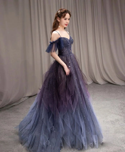 Dark starry sky purple tulle long prom dress purple evening dress TH257