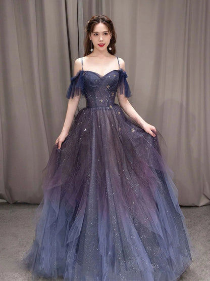 Dark starry sky purple tulle long prom dress purple evening dress TH257