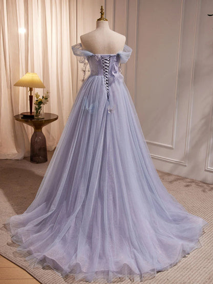 Purple A-Line Tulle Long Prom Dress, Off Shoulder Purple Graduation Dress TH258