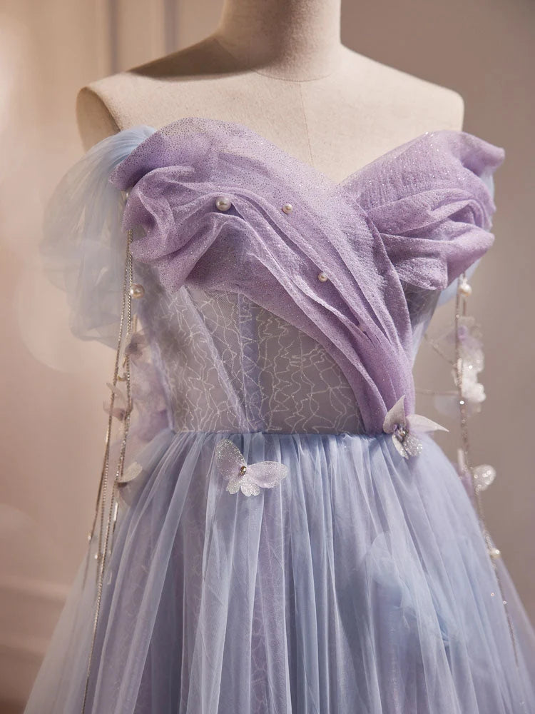 Purple A-Line Tulle Long Prom Dress, Off Shoulder Purple Graduation Dress TH258