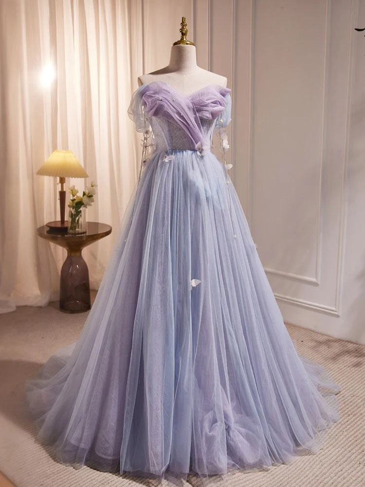 Purple A-Line Tulle Long Prom Dress, Off Shoulder Purple Graduation Dress TH258