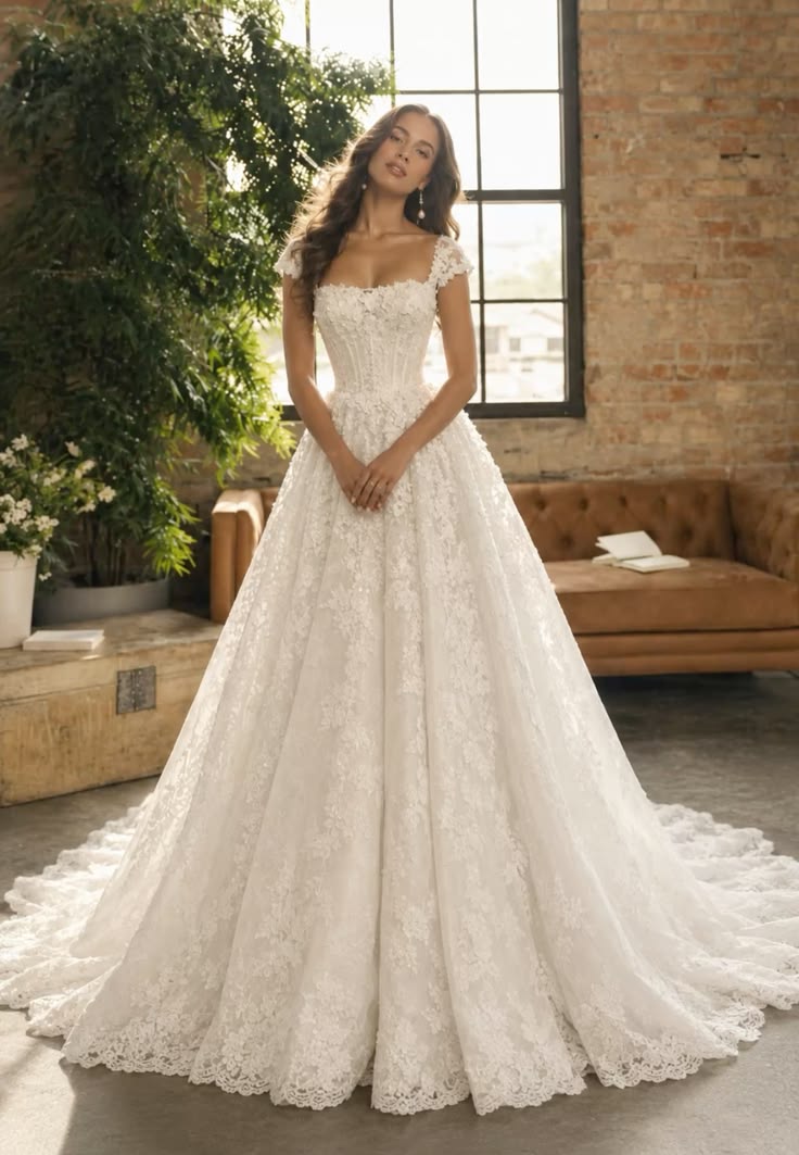Elegant A-line Square Neck Long Wedding Dress Lace White Prom Dress TH263