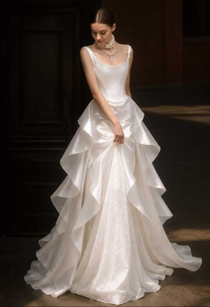 Elegant A-line Square Neck Long Wedding Dress Ruffled Satin White Prom Dress TH264