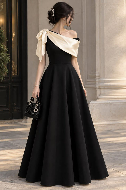 Elegant A-line One-the-Shoulder Black Long Evening Dress Satin Prom Dress TH266