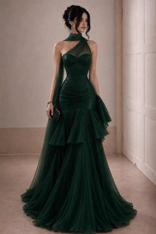 Elegant A-line One-the-Shoulder Dark Green Long Evening Dress Tulle Prom Dress TH267