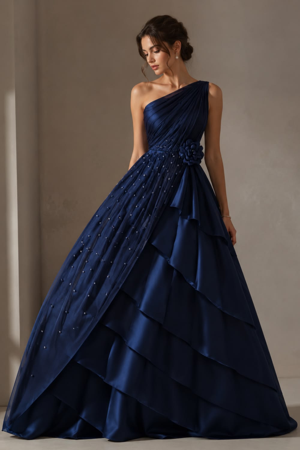 Elegant A-line One-the-Shoulder Dark Blue Beaded Long Evening Dress Cascade Satin Prom Dress TH269