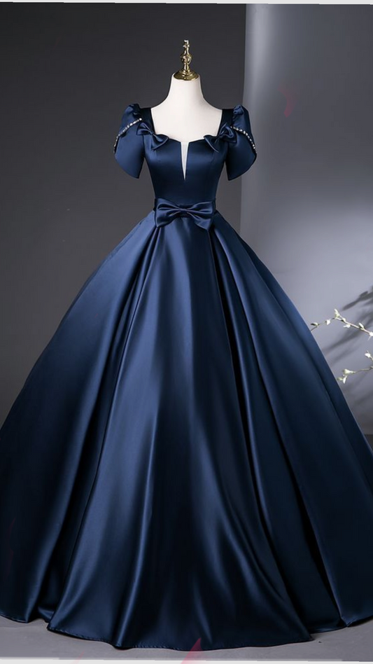 Elegant Ball Gown Square Neck Dark Blue Long Evening Dress Satin Prom Dress TH271