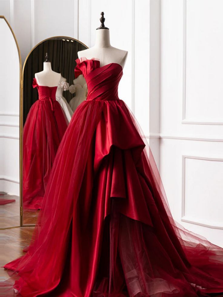 Elegant A-line Asymmetrical Neck Red Long Evening Dress Tulle Prom Dress TH272