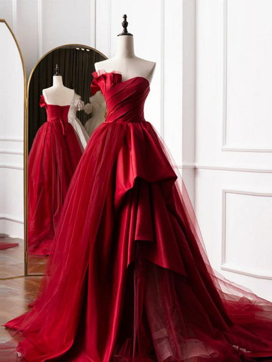 Elegant A-line Asymmetrical Neck Red Long Evening Dress Tulle Prom Dress TH272