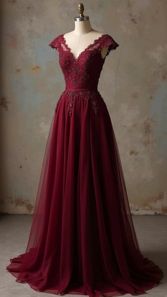 Elegant A-line V Neck Red Long Evening Dress Beaded Tulle Prom Dress TH275