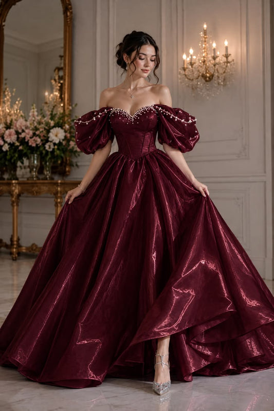 Elegant A-line Off-the-Shoulder Red Long Evening Dress Beaded Satin Prom Dress TH276