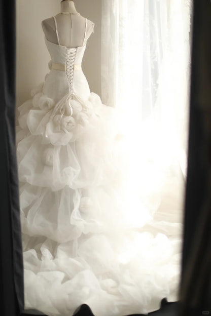 Elegant A-line Sweetheart Neck Long Wedding Dress Pleated Tulle White Prom Dress TH277