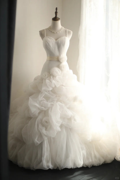 Elegant A-line Sweetheart Neck Long Wedding Dress Pleated Tulle White Prom Dress TH277
