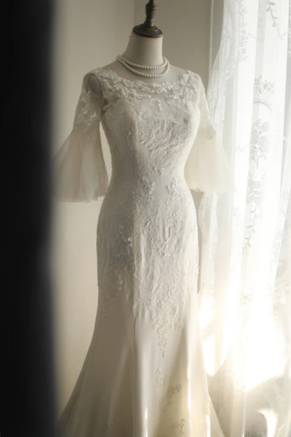 Elegant Mermaid Round Neck Long Wedding Dress Lace White Prom Dress TH278