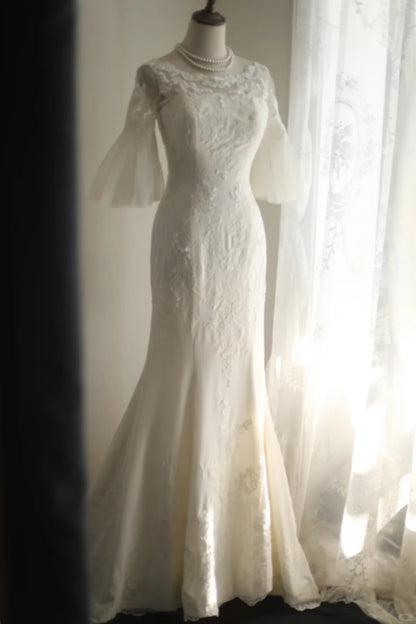 Elegant Mermaid Round Neck Long Wedding Dress Lace White Prom Dress TH278