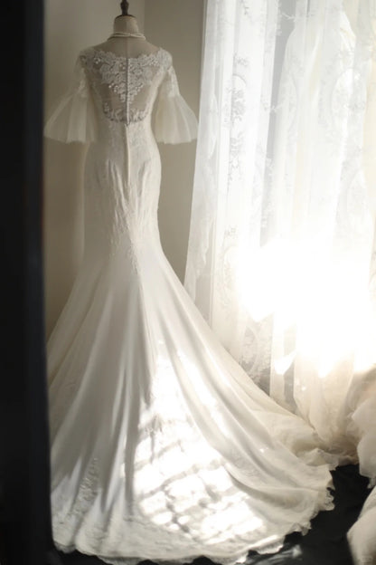 Elegant Mermaid Round Neck Long Wedding Dress Lace White Prom Dress TH278