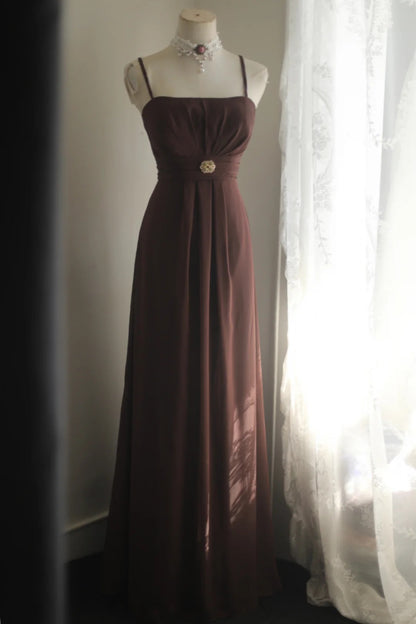 Elegant Sheath Spaghetti Straps Brown Long Evening Dress Satin Prom Dress TH279