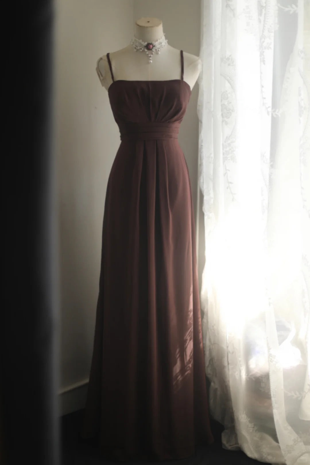 Elegant Sheath Spaghetti Straps Brown Long Evening Dress Satin Prom Dress TH279