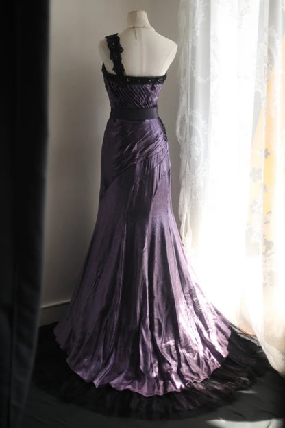 Elegant Sheath one-the-Shoulder Purple Long Evening Dress Satin Prom Dress TH281