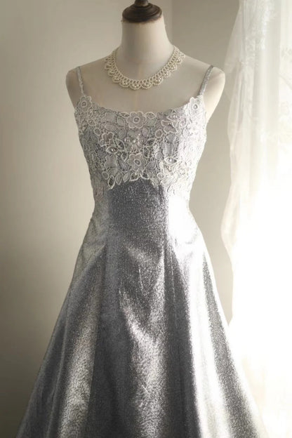 Elegant A-line Spaghetti Straps Silver Long Evening Dress Satin Prom Dress TH283