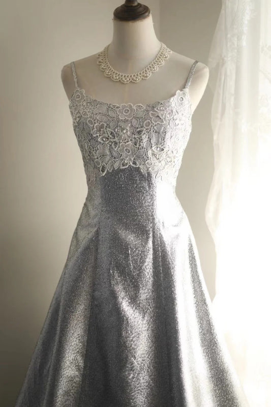 Elegant A-line Spaghetti Straps Silver Long Evening Dress Satin Prom Dress TH283